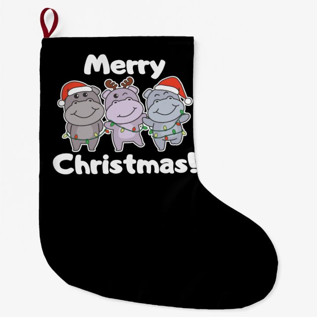 Hippo Christmas Animals Cute Hippos Merry Large Christmas Stocking (Front)