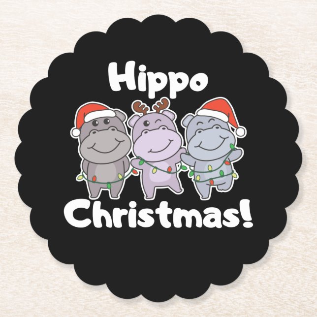 Hippo Christmas Animals Cute Hippos Merry Paper Coaster (Front)