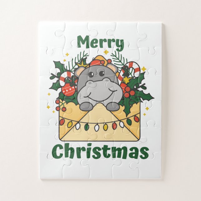 Hippo Christmas Letter Winter Animals Hippos Jigsaw Puzzle (Vertical)