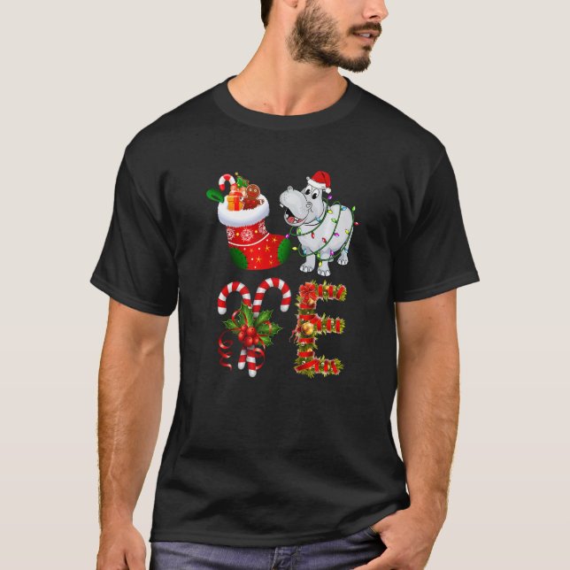 Hippo Christmas Lights Led  Santa Hat Christmas T-Shirt (Front)