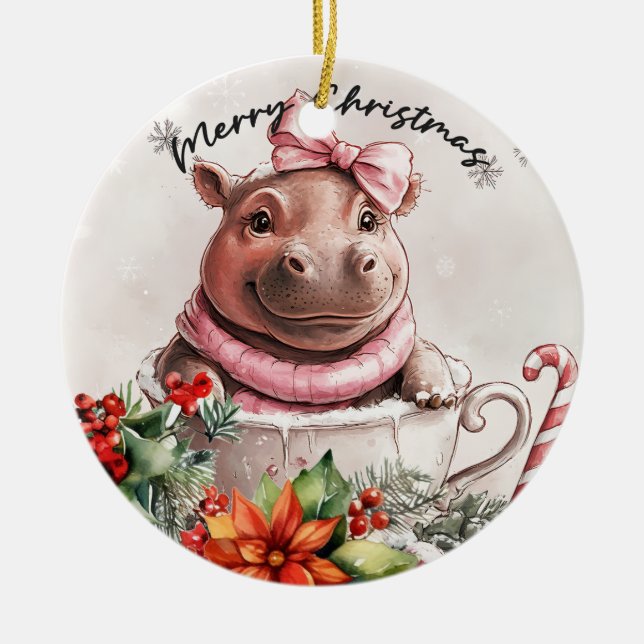 Hippo Christmas themed Ceramic Tree Decoration (Front)
