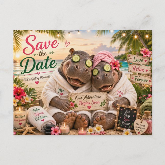 Hippo Couple Tropical Spa Save the Date Postcard (Front)