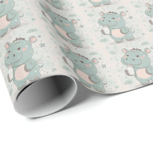 Hippo Cute Baby Pastel Watercolor Pattern  Wrapping Paper