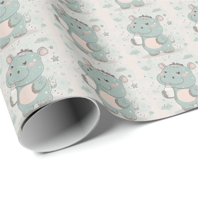 Hippo Cute Baby Pastel Watercolor Pattern  Wrapping Paper (Roll Corner)