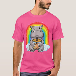 Hippo Drinking Boba Bubble Tea Rainbow Anime Boys T-Shirt