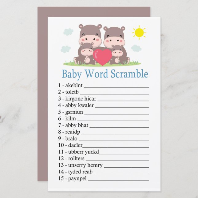 Hippo family Baby word scramble game (Front/Back)