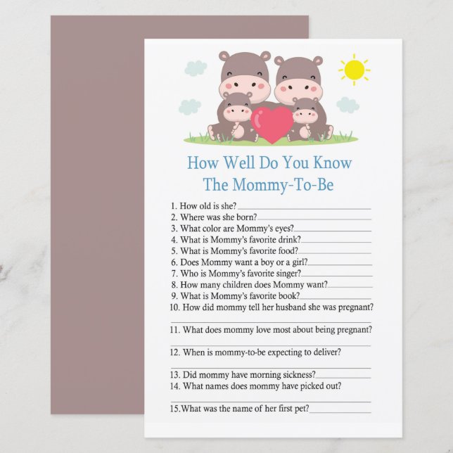 Hippo family How well do you know baby shower game (Front/Back)