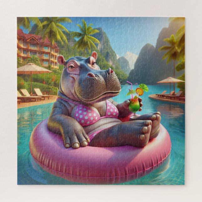 Hippo Floating In A Pool With Cocktail Drink Jigsaw Puzzle (Vertical)
