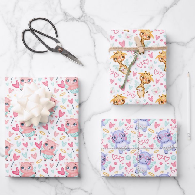 Hippo Giraffe Pig Love Wrapping Paper Set of 3 (Front)