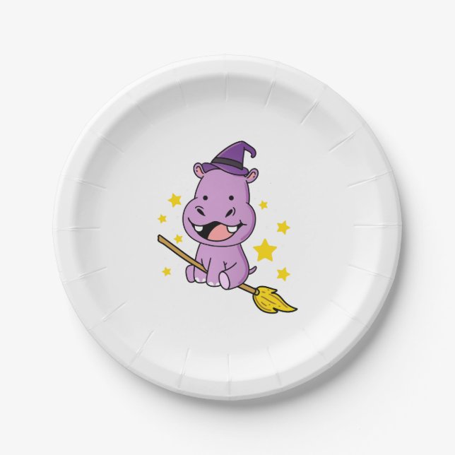 Hippo Halloween Witch For Halloween Paper Plate (Front)