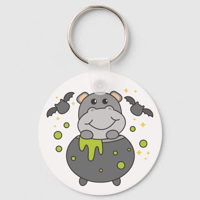 Hippo Happy Halloween Cauldron Bat Keychain (Front)