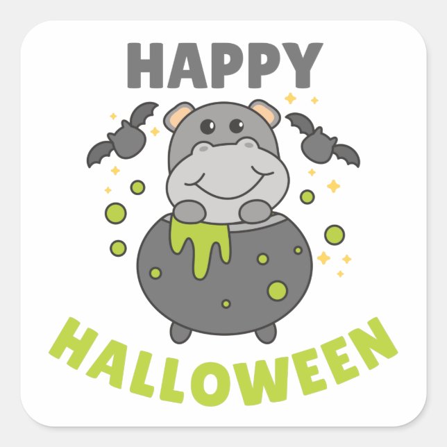 Hippo Happy Halloween Cauldron Bat Square Sticker (Front)