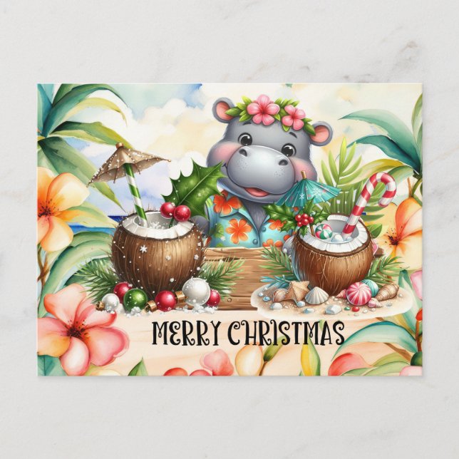 Hippo Hawaii Christmas Greeting  Holiday Postcard (Front)