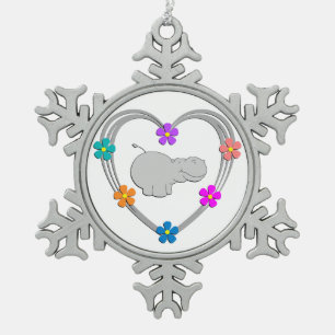 Hippo Heart Snowflake Pewter Christmas Ornament