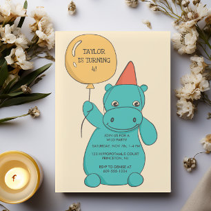 Hippo Hippopotamus with Balloon Birthday Party Invitation