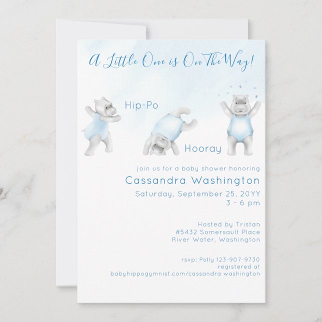 Hippo Hooray Somersault Baby Boy Shower Invitation (Front)