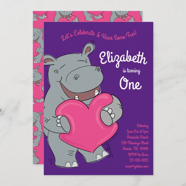 Hippo Hugs Birthday Party Invitation (Front/Back)