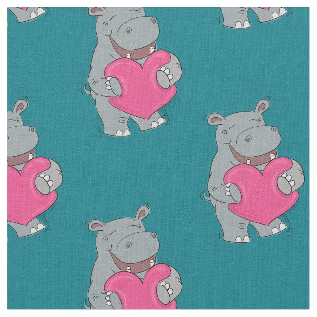 Hippo Hugs Cute Hippopotamus Fabric (Close Up)