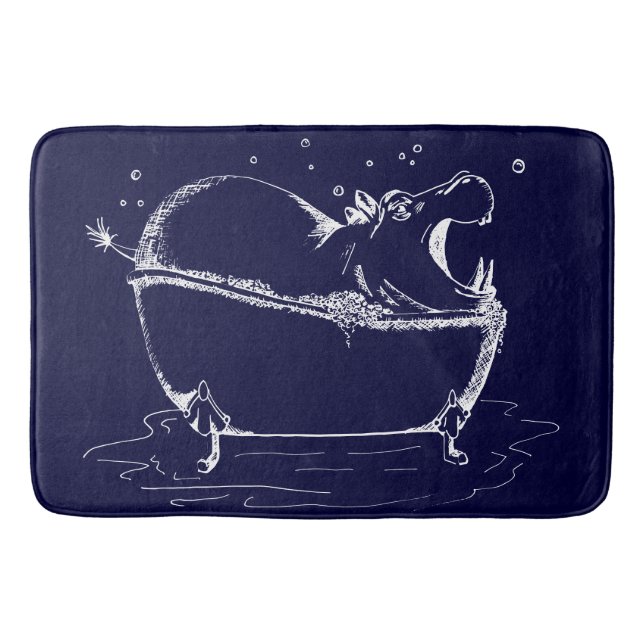 Hippo in Bath Fun Illustration Navy Bath Mat (Front)