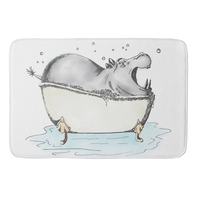 Hippo in Bath Fun Illustration Watercolor Bath Mat (Front)