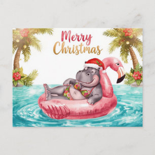 Hippo in Bikini at Christmas Pool Party  Holiday Postcard