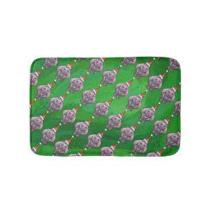 Hippo in Santa Hat Pattern On Green Bath Mat