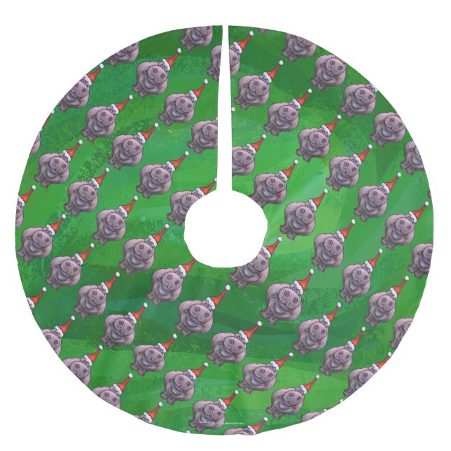 Hippo in Santa Hat Pattern On Green Brushed Polyester Tree Skirt (Front)