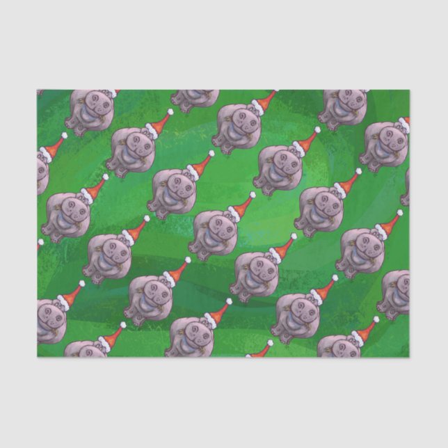 Hippo in Santa Hat Pattern On Green Tissue Paper (Front)
