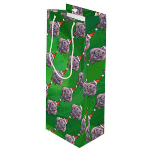 Hippo in Santa Hat Pattern On Green Wine Gift Bag