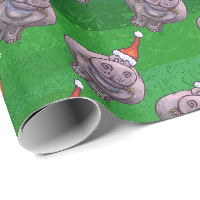 Hippo in Santa Hat Pattern On Green Wrapping Paper (Roll Corner)