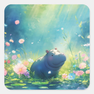 Hippo Magical Pond Meadow Square Sticker