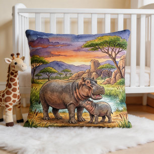 Hippo Mama And Calf Safari Animals  Cushion