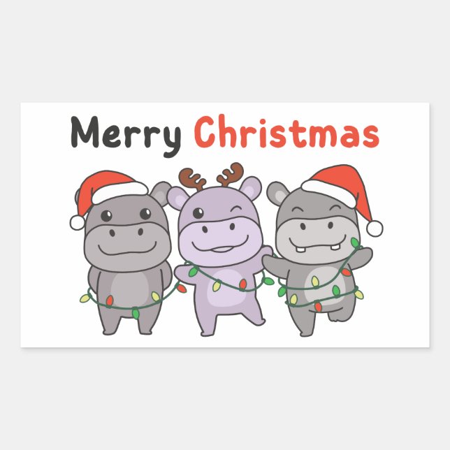 Hippo Merry Christmas Cute Dogs Holiday Rectangular Sticker (Front)