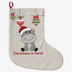 Hippo Merry Christmas Winter Animals Hippos Large  Large Christmas Stocking