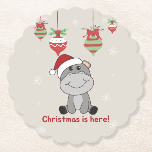 Hippo Merry Christmas Winter Animals Hippos Paper  Coaster