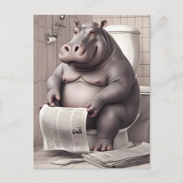 Hippo on the Toilet Reading Newspapers Postcard (Front)