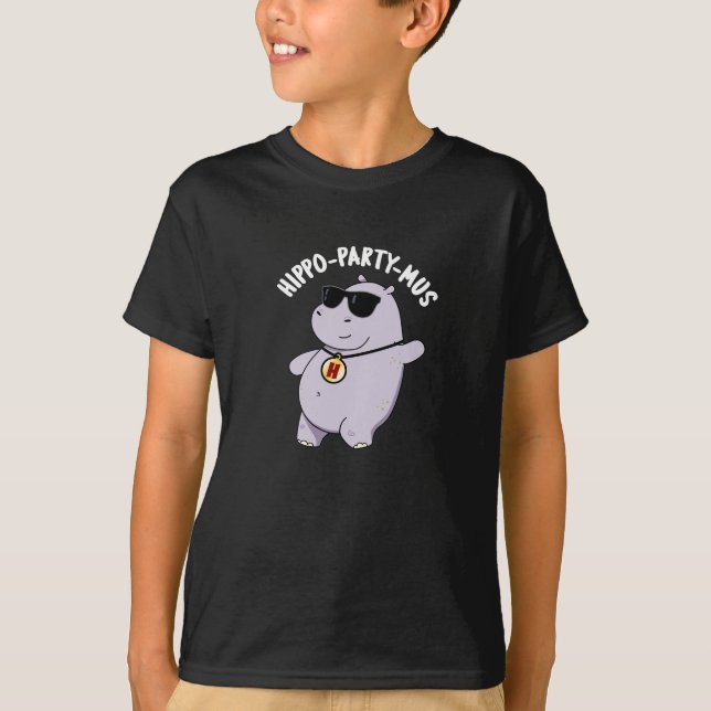 Hippo-party-mus Funny Animal Hippo Pun Dark BG T-Shirt (Front)