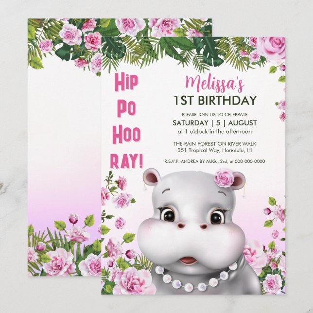 Hippo Pearls Pink Floral Girl Birthday Invitation (Front/Back)