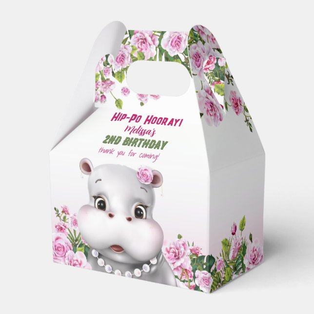 Hippo Pink Floral Girl Birthday Favour Box (Front Side)
