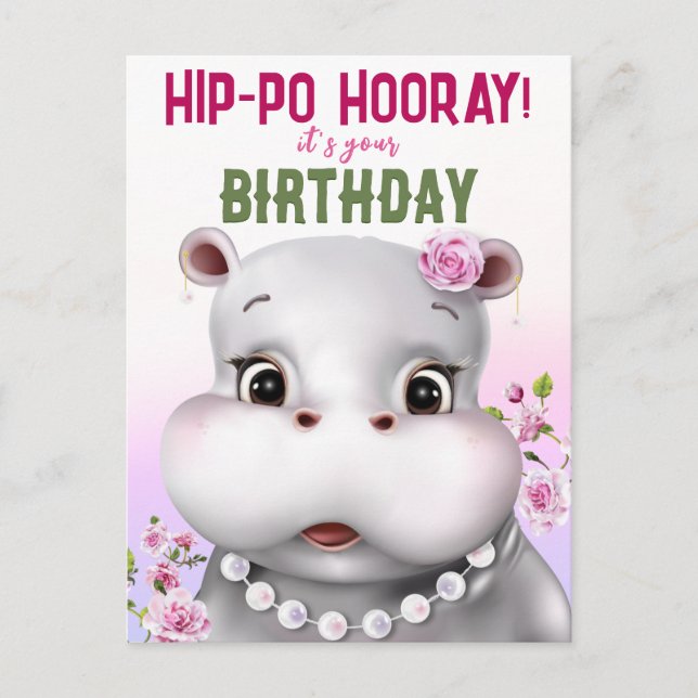 Hippo Pink Floral Girl Birthday Postcard (Front)