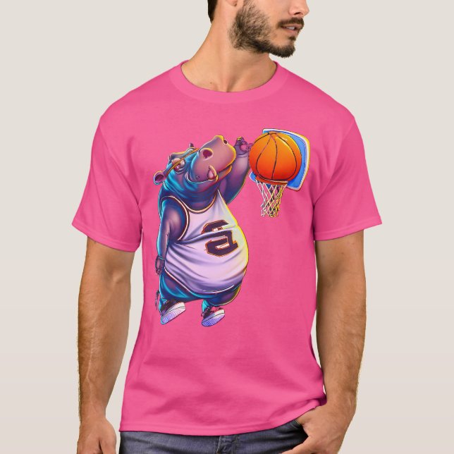 Hippo Playing Basketball Cool Funny Hippos Basketb T-Shirt (Front)