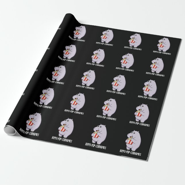 Hippo-pop-cornamus Funny Hippo Pun Dark BG Wrapping Paper (Unrolled)