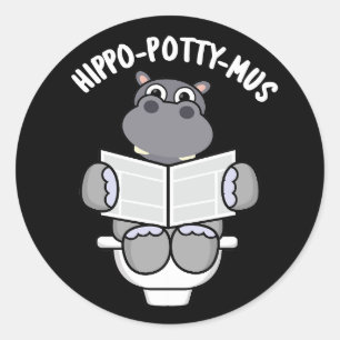 Hippo-potty-mus Funny Animal Hippo Pun Dark BG Classic Round Sticker