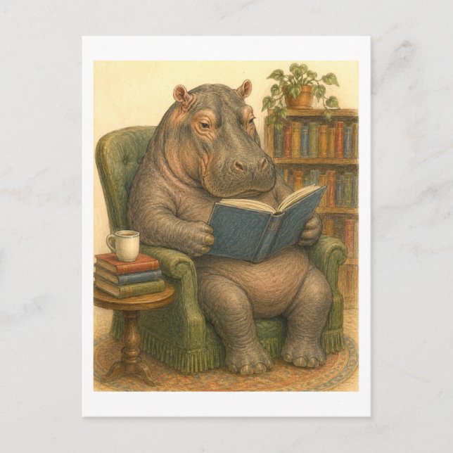 Hippo Reading a Book Illustration Postcard (Front)