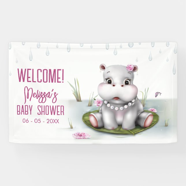Hippo River Adventure Girl Baby Shower Banner (Horizontal)