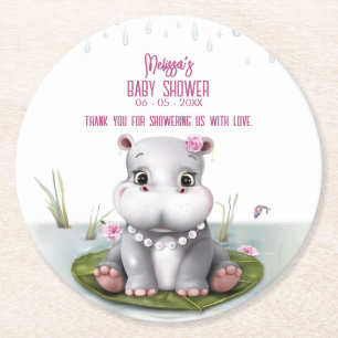 Hippo River Adventure Girl Baby Shower Round Paper Coaster