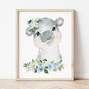Hippo, Safari, Jungle, Blue Flowers, Boy Nursery Poster