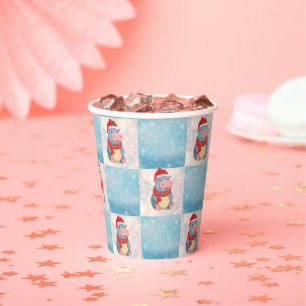 Hippo Santa Happy Merry Christmas check pattern Paper Cups