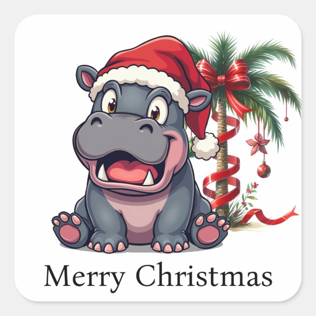 Hippo Santa  Holiday Cheer Button Square Sticker (Front)
