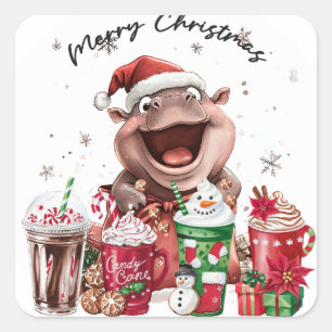 Hippo Santa  Holiday Cheer Button Square Sticker